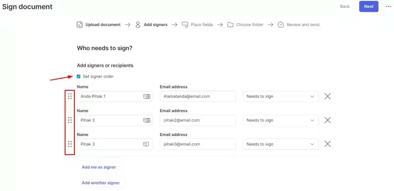 Cara mengatur urutan tanda tangan digital di Mekari eSign