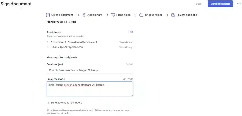 Tampilan akhir proses tanda tangan digital di Mekari eSign