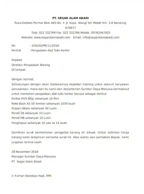 Contoh Surat Pengadaan Barang untuk Training