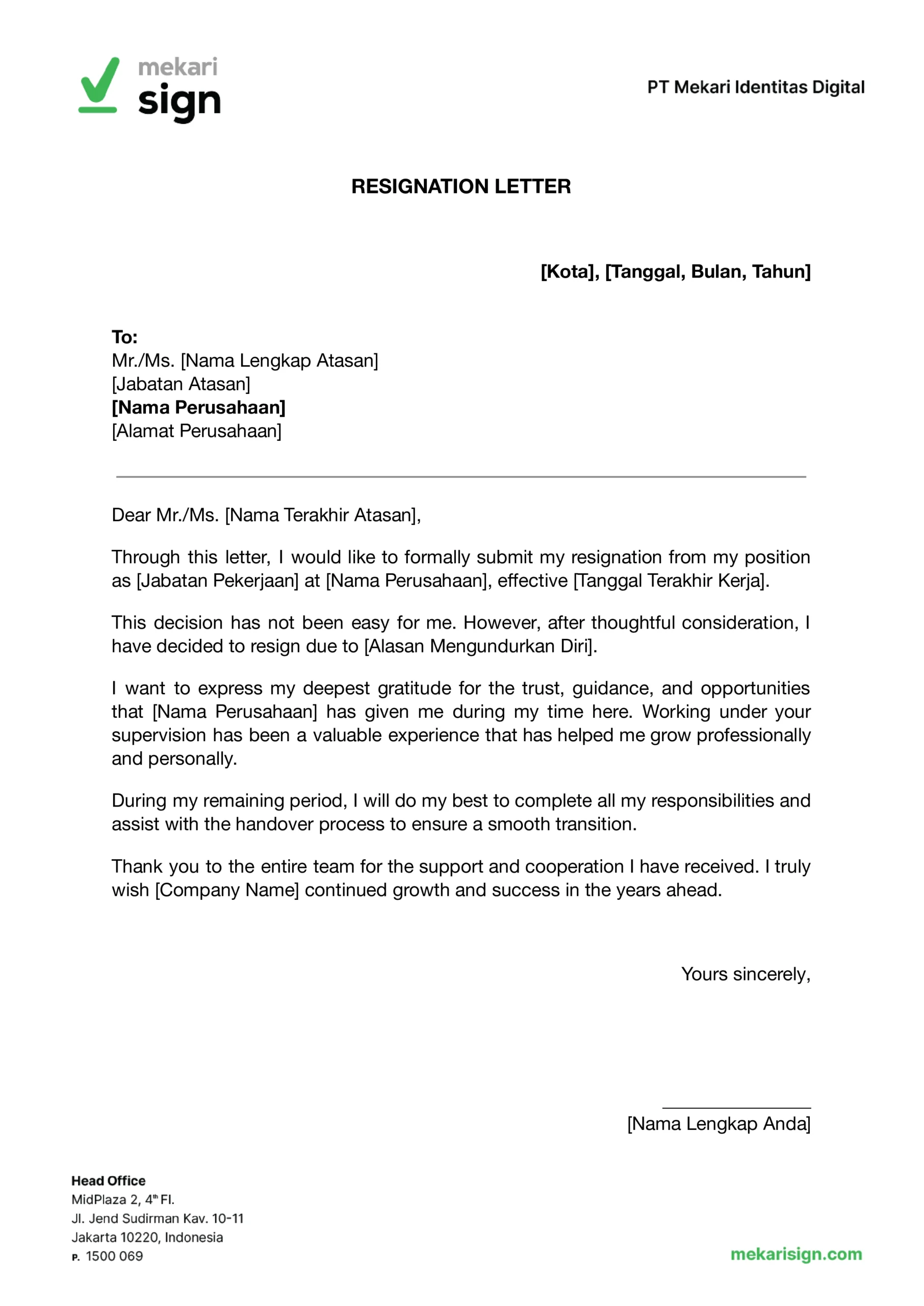 Contoh template untuk surat pengunduran diri atau resignation letter dalam bahasa inggris untuk karyawan