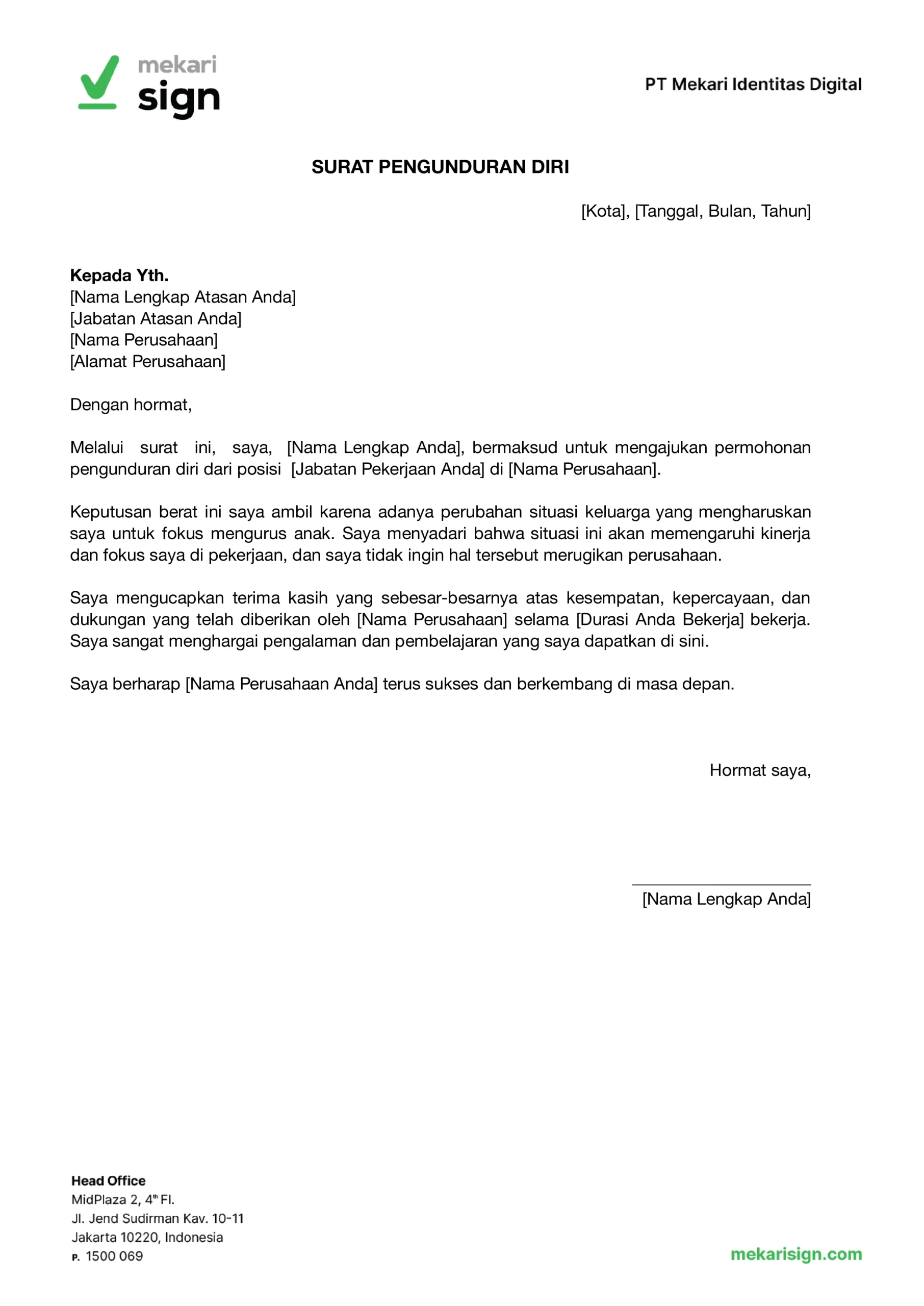 contoh surat pengunduran diri karena ingin fokus mengurus anak