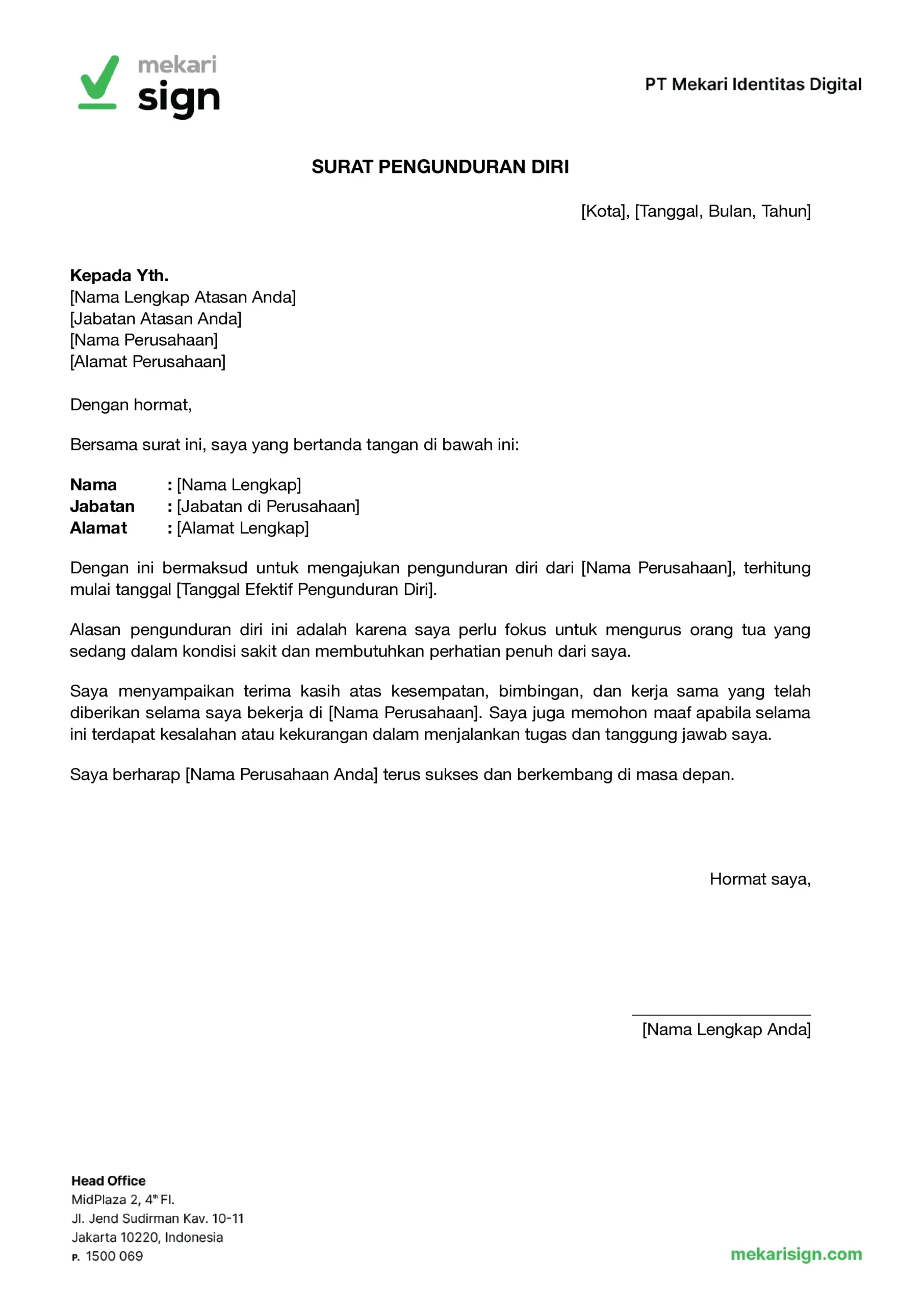 contoh surat pengunduran diri karena hendak mengurus orang tua sakit