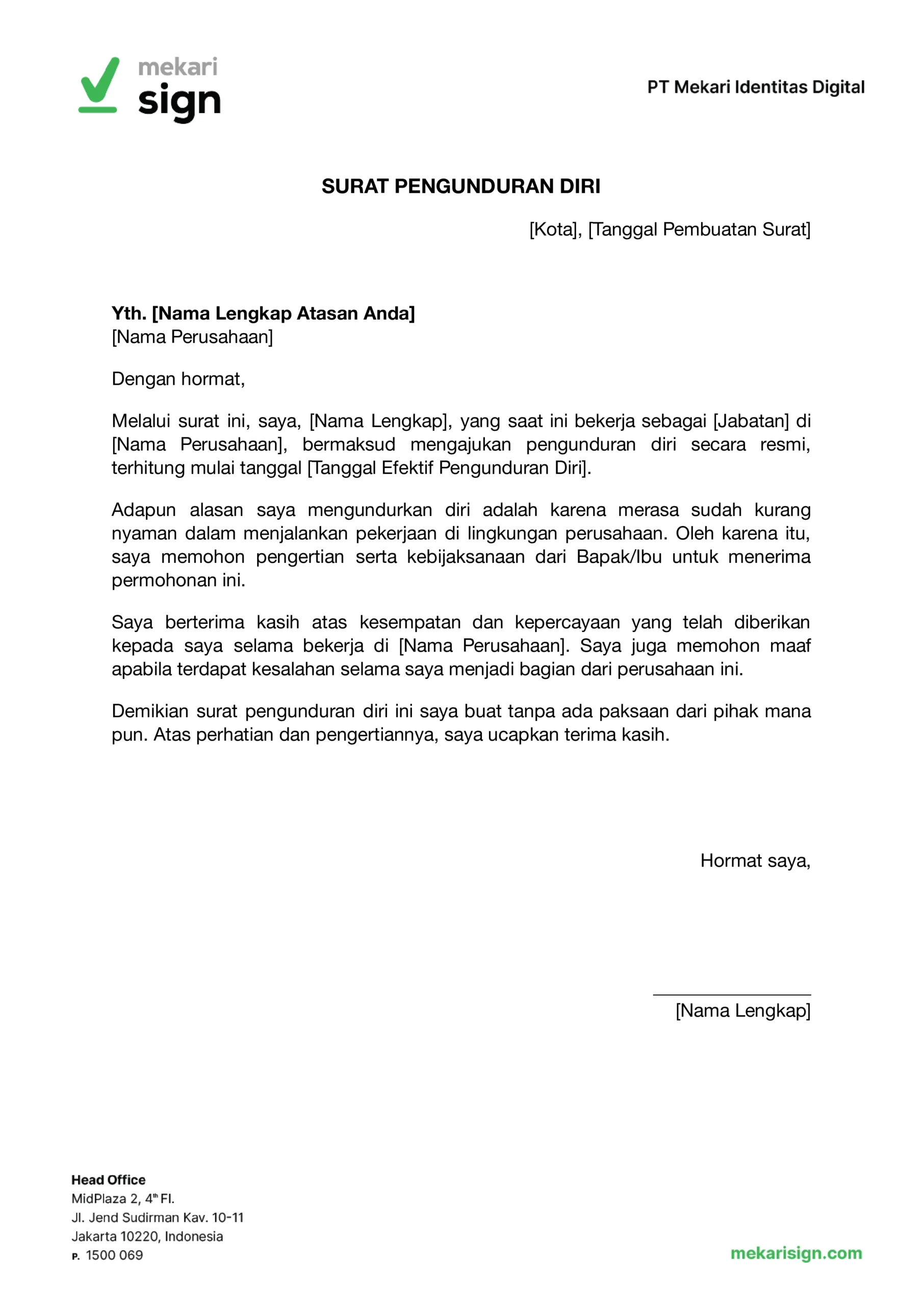 contoh surat pengunduran diri karena tidak nyaman