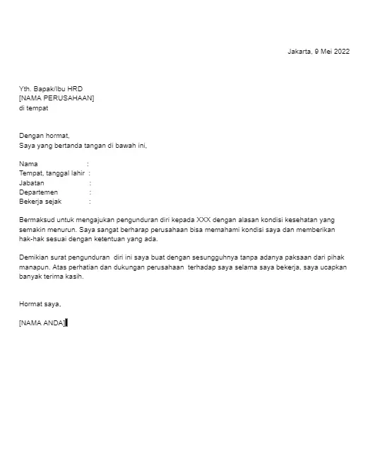 contoh surat pengunduran diri karena ada masalah kesehatan