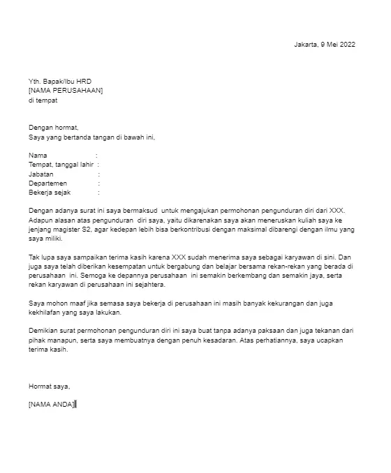 contoh surat pengunduran diri karena hendak melanjutkan pendidikan