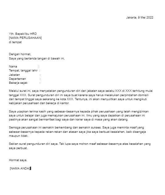contoh surat pengunduran diri karena akan pindah domisili