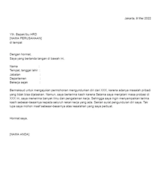 contoh surat pengunduran diri di masa probation