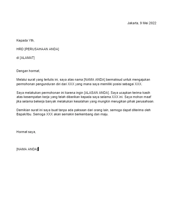 contoh surat pengunduran diri umum