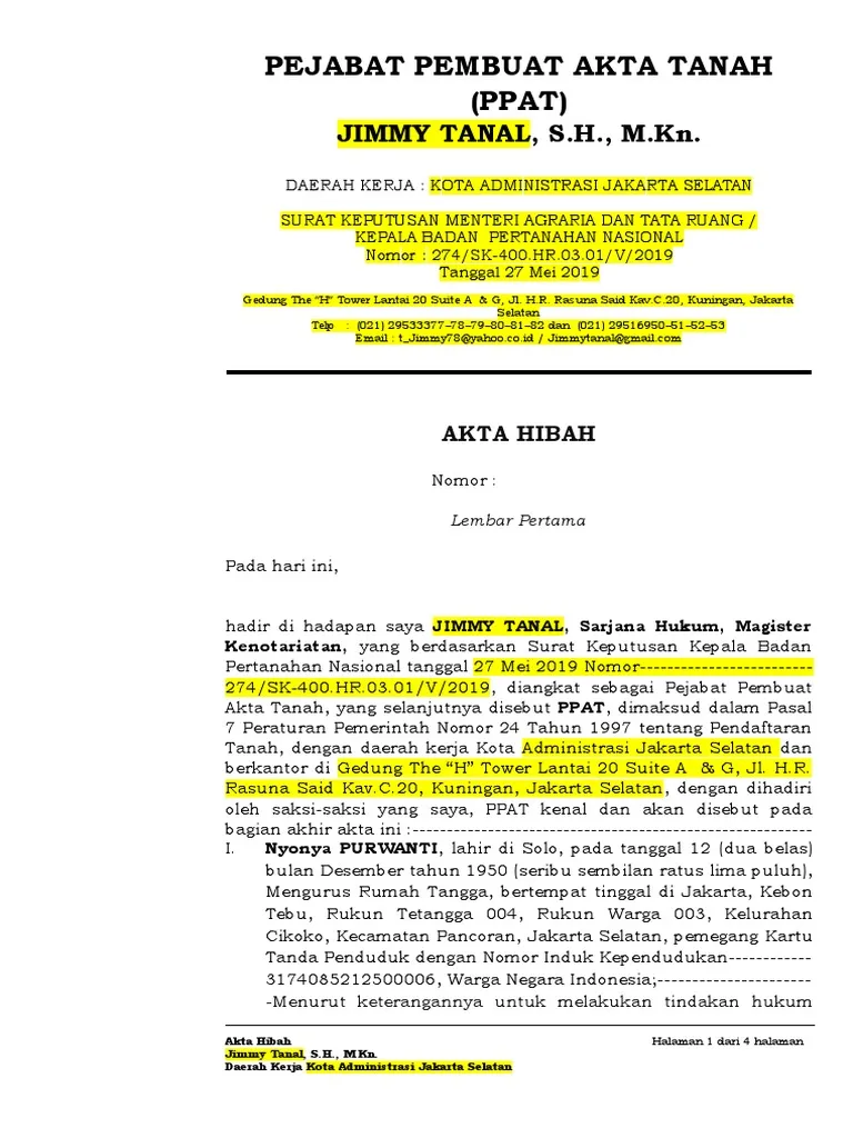 Contoh Akta Hibah yang Sah