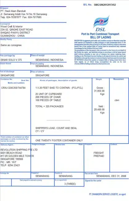 Contoh Bill of Lading 5