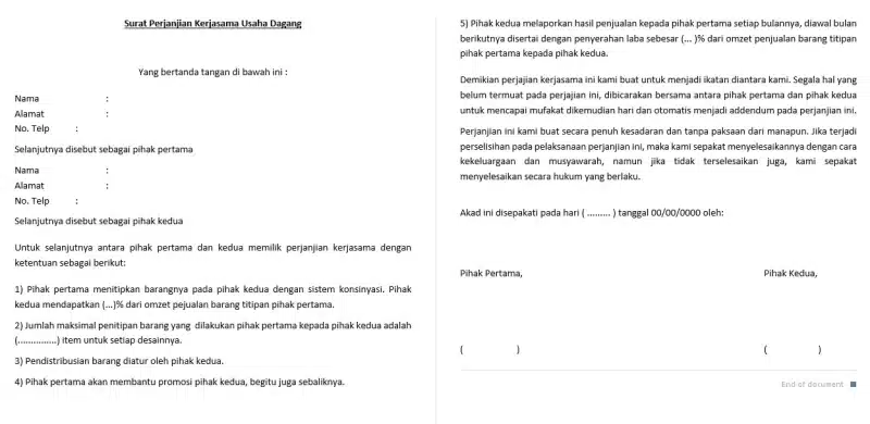 Contoh Kontrak Kerja Sama Bisnis