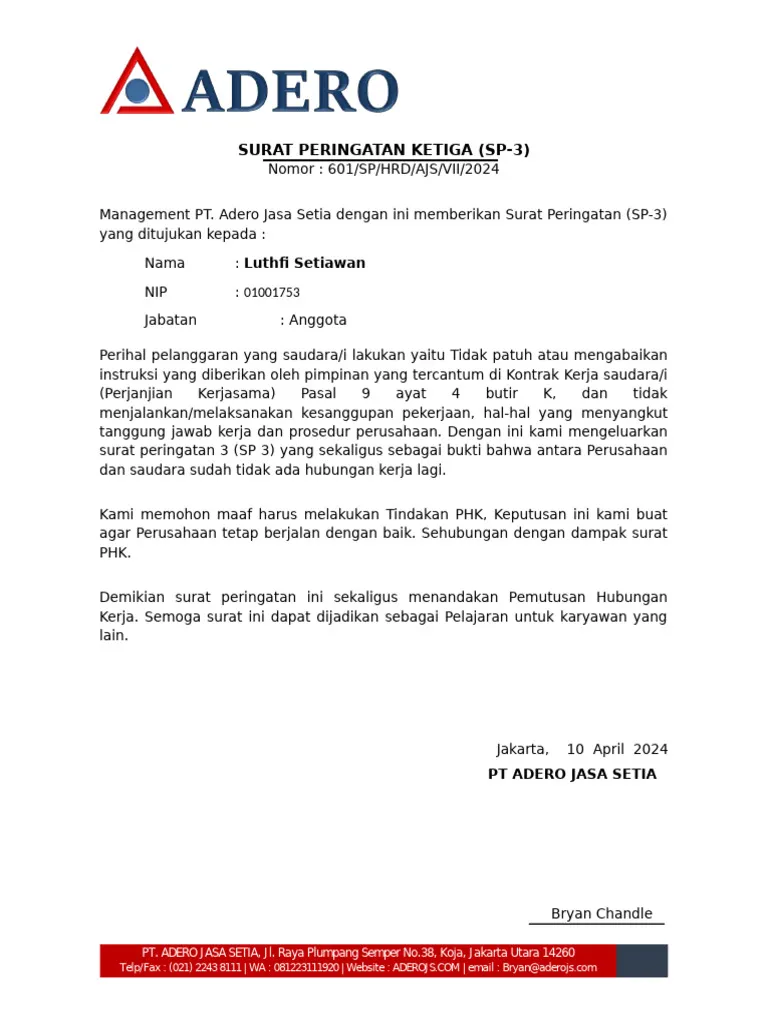 Contoh Surat Peringatan 3 (SP 3) Berujung PHK