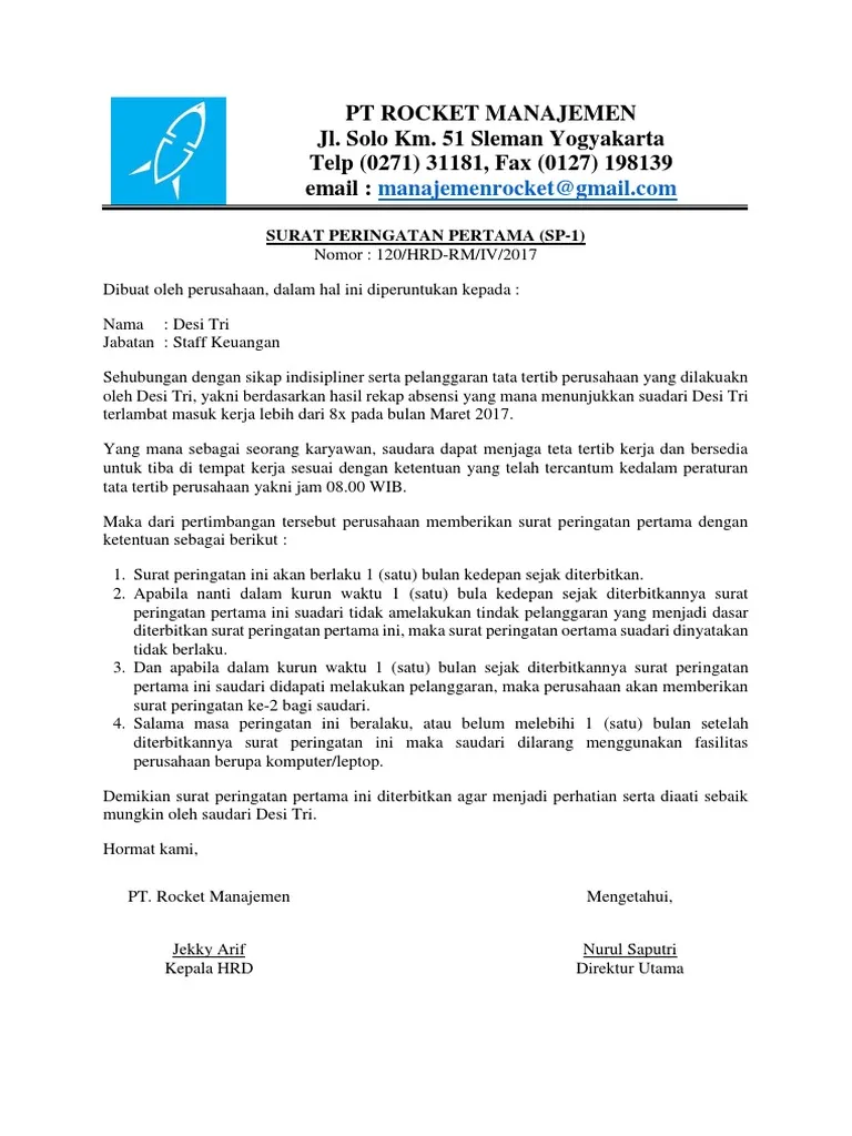 Contoh Surat Peringatan Absensi (Sering Terlambat/Mangkir)