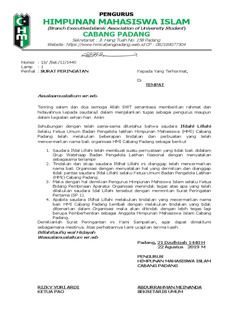 Contoh Surat Peringatan Organisasi untuk Anggota