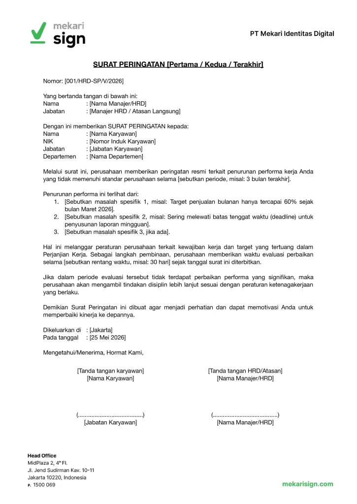 Contoh Surat Peringatan Penurunan Performa - Mekari Sign