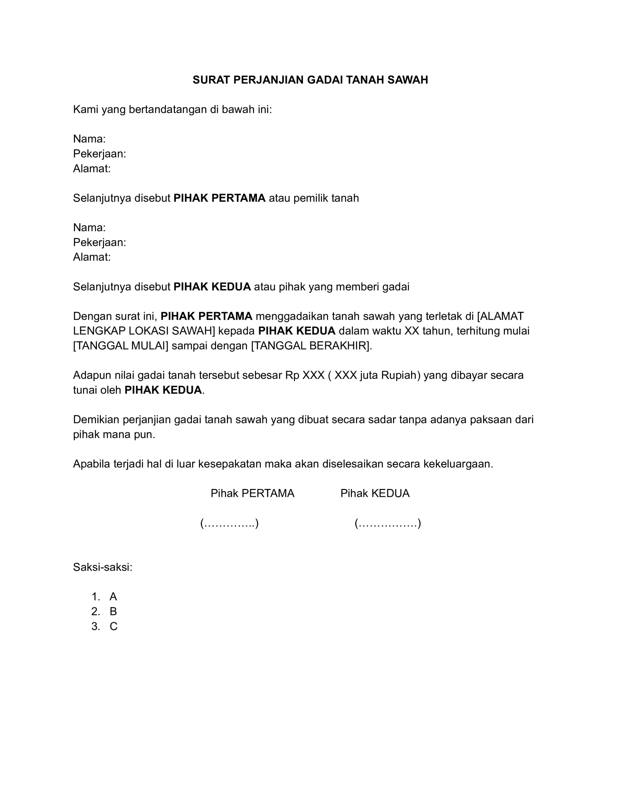 Contoh Surat Perjanjian Gadai Sawah