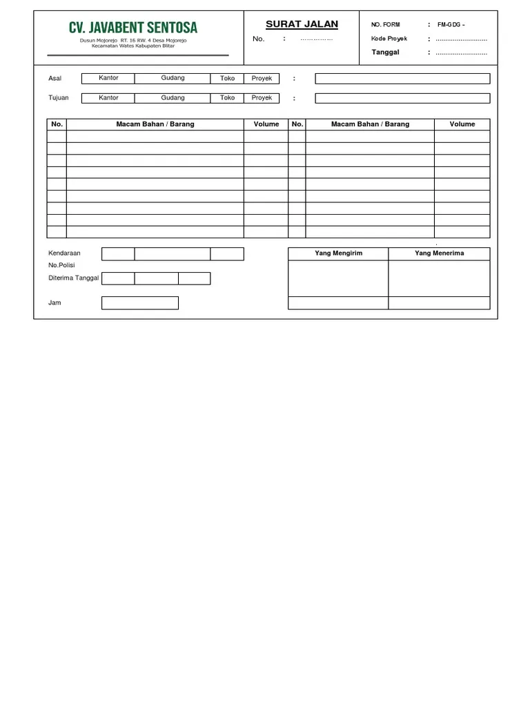 Contoh Format Surat Jalan Proyek