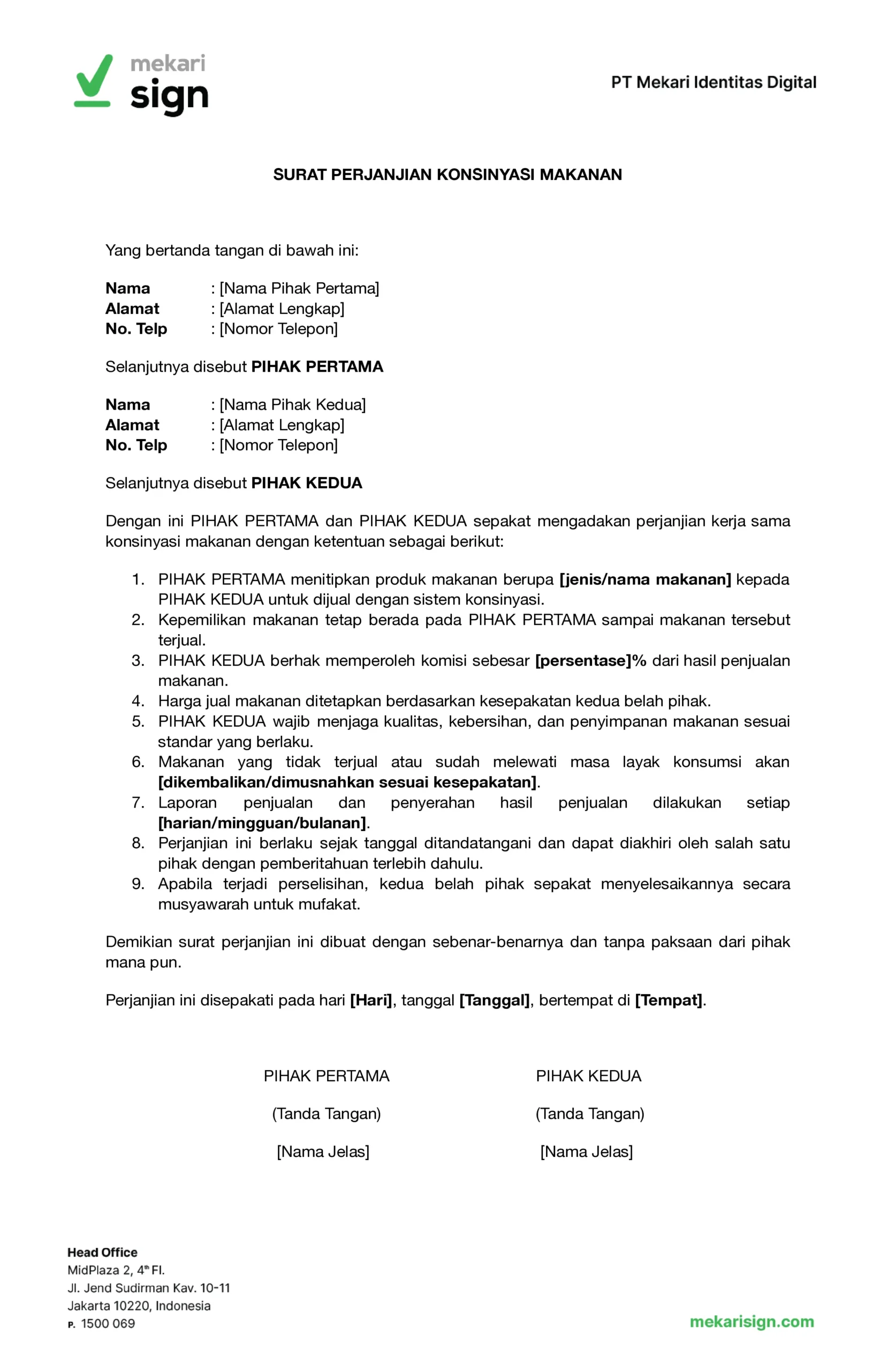 template atau contoh surat perjanjian konsinyasi menjual makanan dari mekari sign