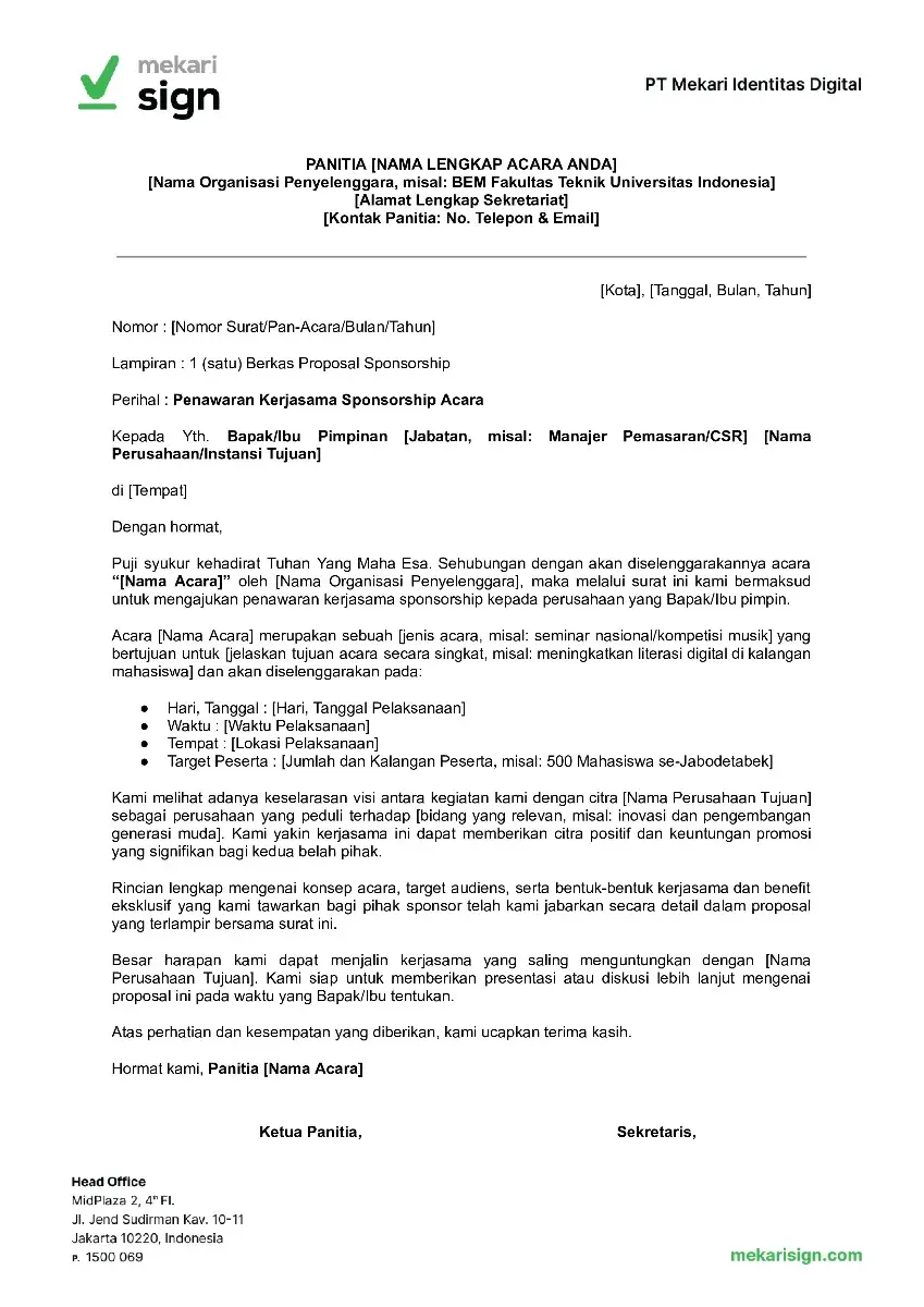 Contoh Surat Permohonan Bantuan Dana Sponsorship Acara - Mekari Sign