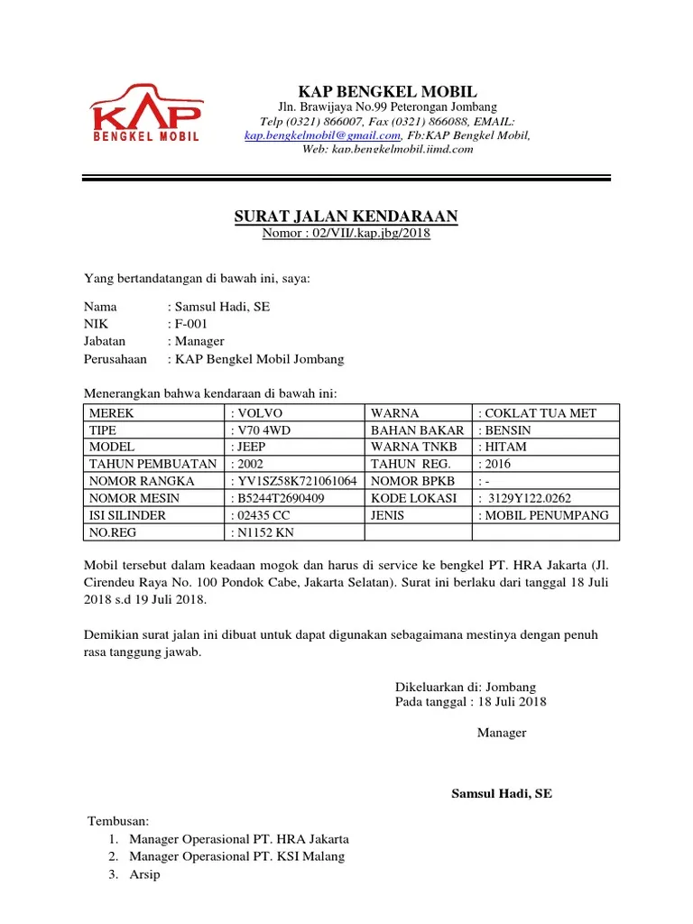 Surat Jalan Kendaraan Mobil