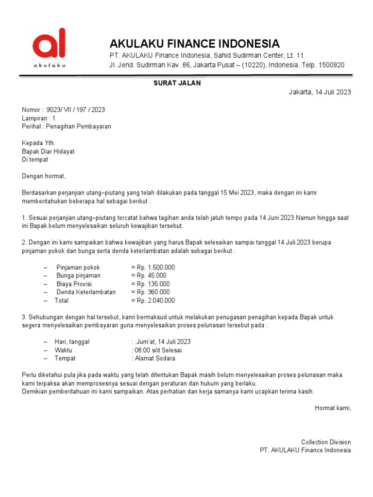 Contoh Surat Penagihan Hutang Barang Elektronik