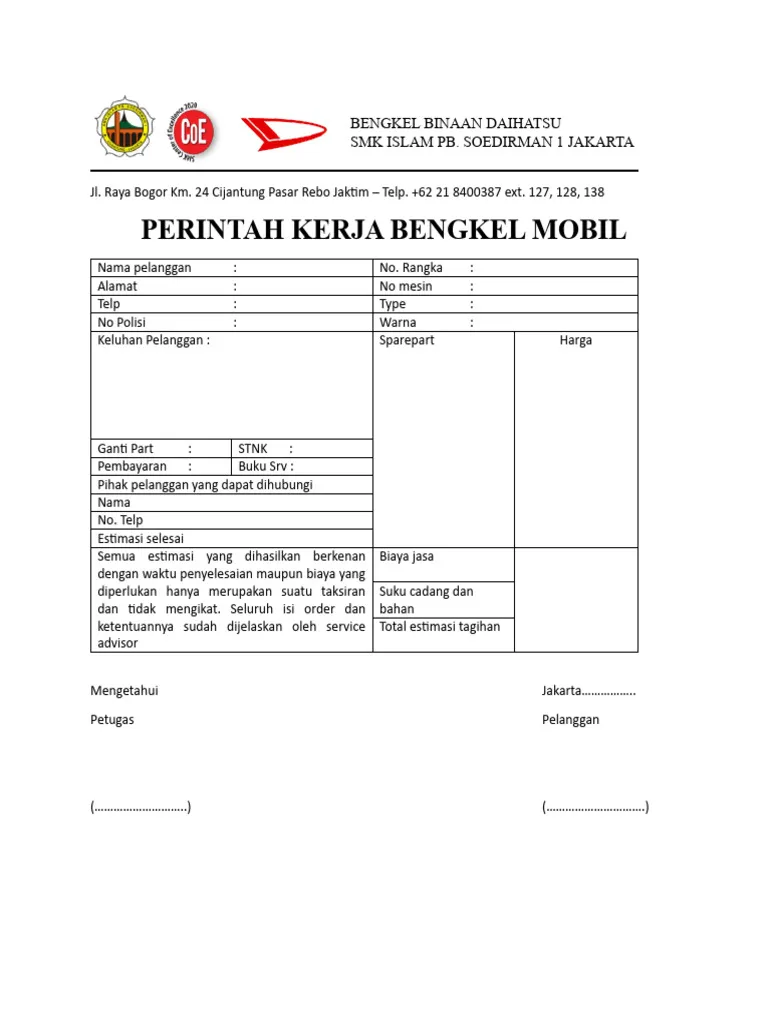Contoh Surat Perintah Kerja Bengkel Mobil