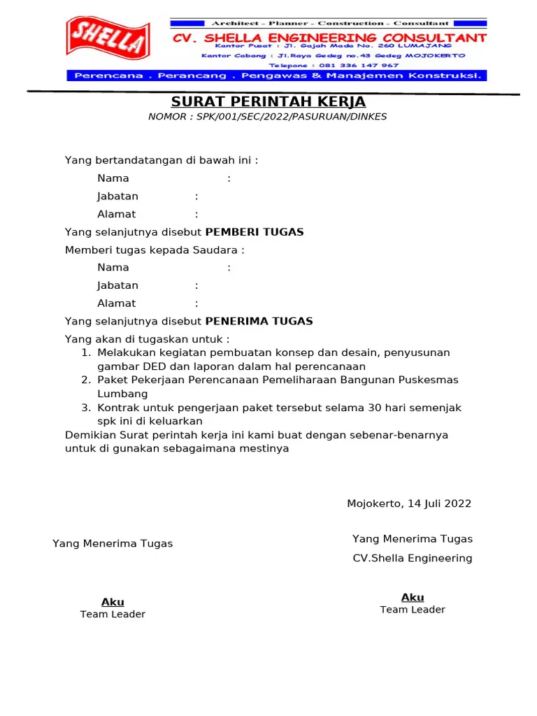 Contoh Surat Perintah Kerja Kontraktor