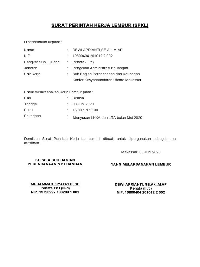 Contoh Surat Perintah Kerja Lembur (Internal HR)