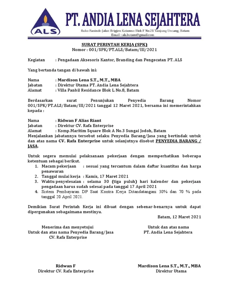 Contoh Surat Perintah Kerja Pengadaan Barang