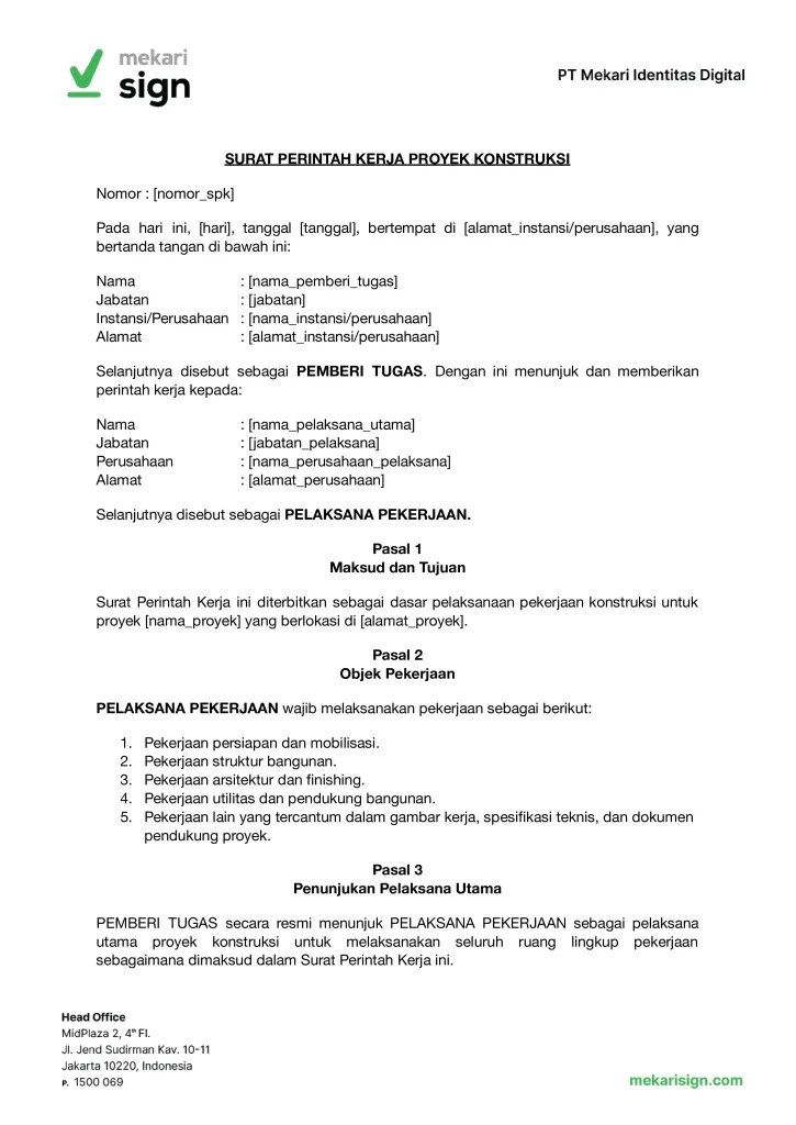 Contoh Surat Perintah Kerja (SPK) Proyek Konstruksi - Mekari Sign