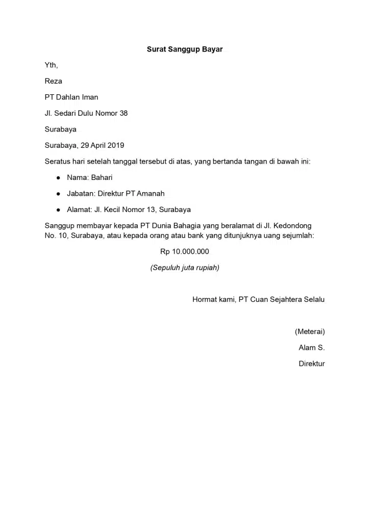 Contoh Surat Sanggup Bayar 1