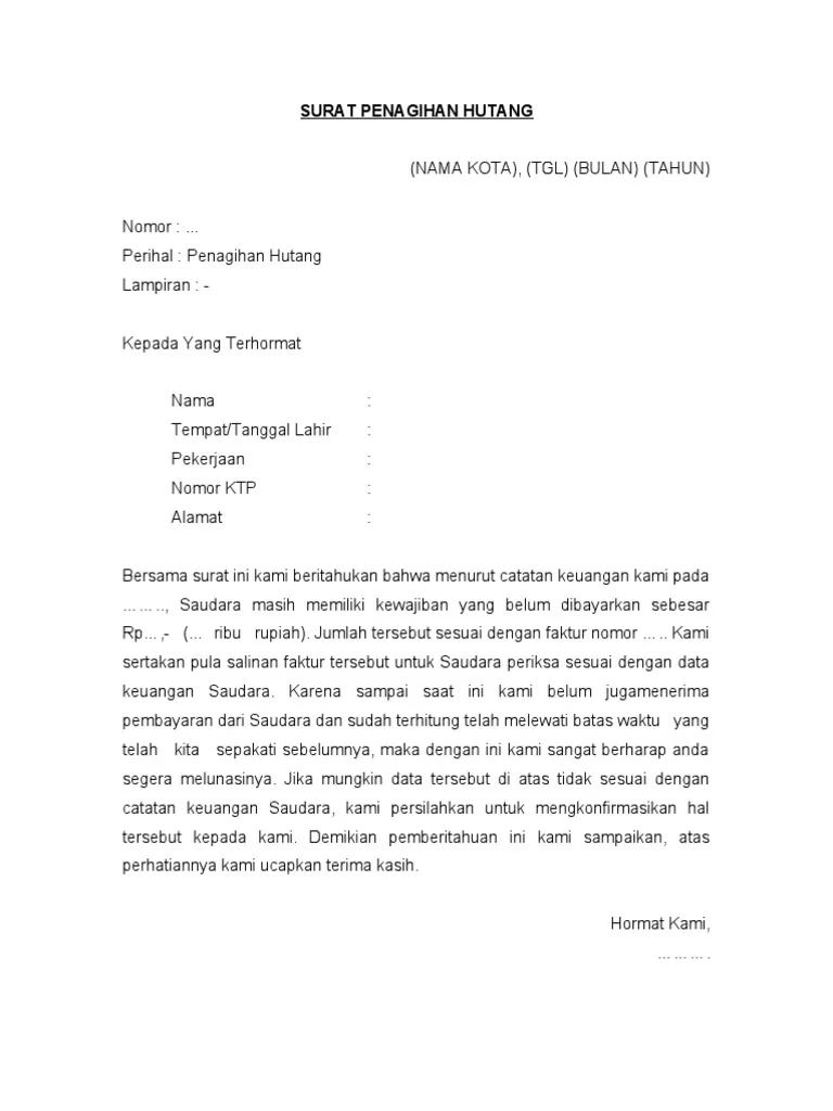 Contoh Surat Tagihan Hutang Pribadi