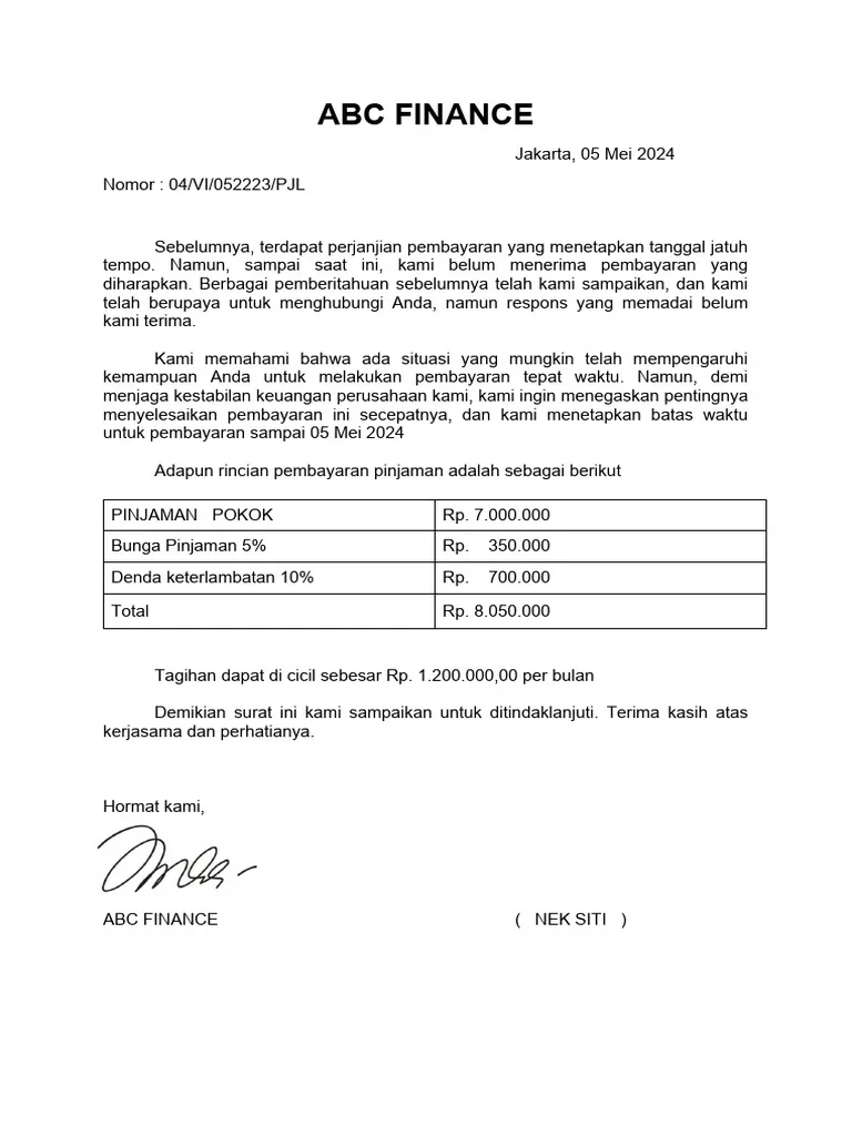Contoh Surat Tagihan Hutang dengan Denda