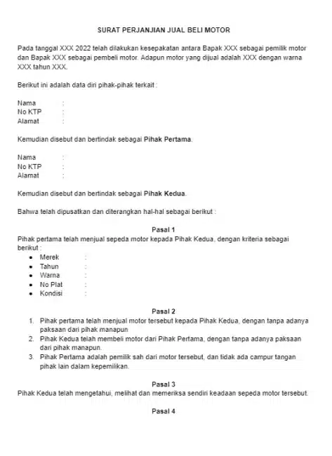 Contoh Surat Jual Beli Motor Lengkap