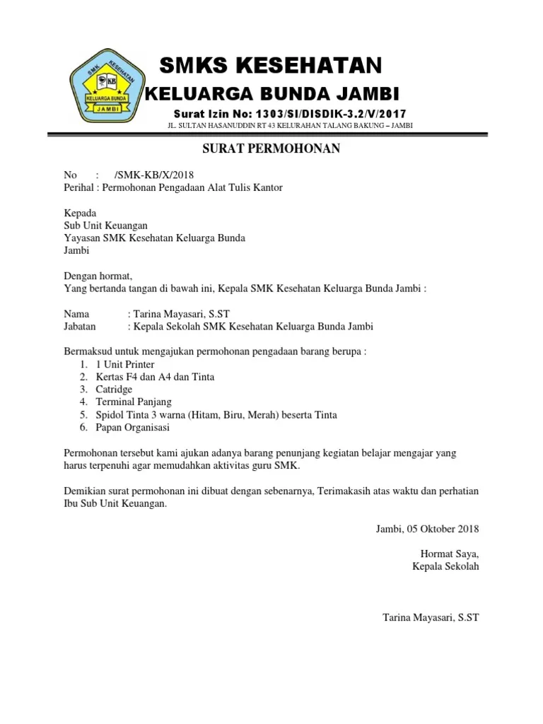 Contoh Surat Pengajuan Barang Sekolah Lengkap