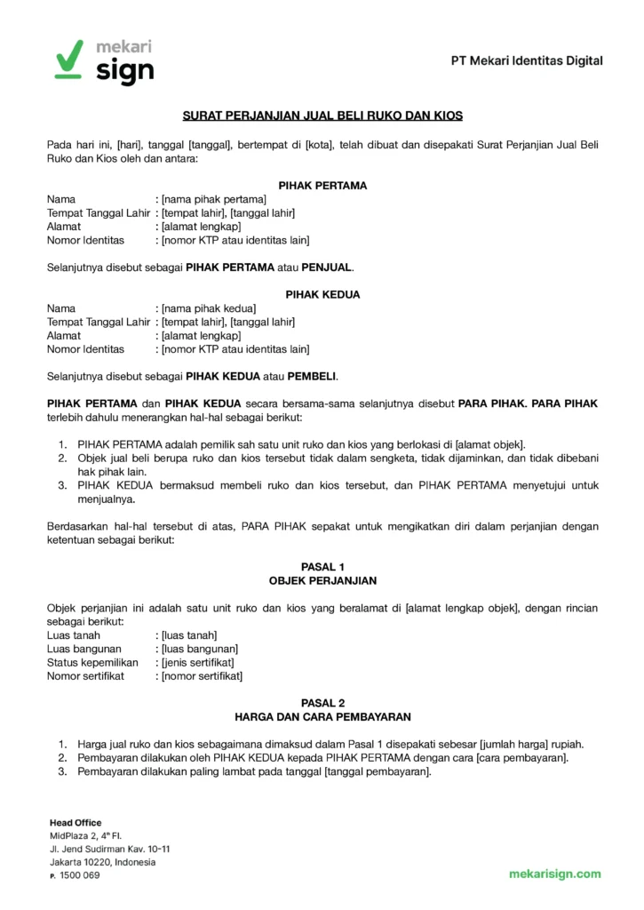 Contoh Surat Perjanjian Jual Beli Ruko dan Kios - Mekari Sign
