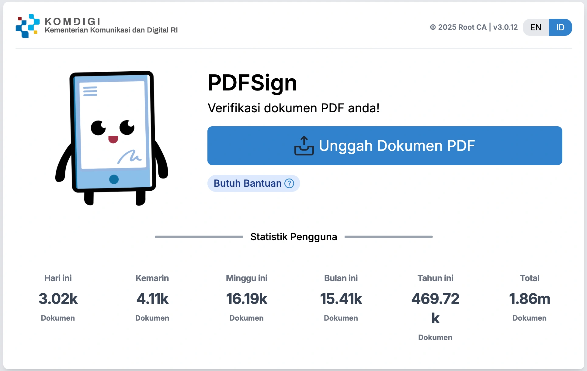 Tampilan halaman utama portal PDFSign dari Komdigi untuk verifikasi tanda tangan digital pada dokumen PDF