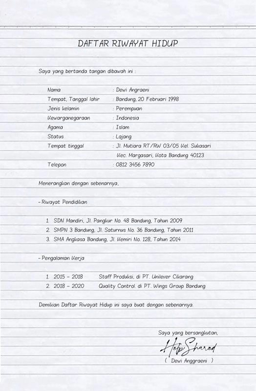 Contoh Surat Riwayat Hidup Kerja Tulis Tangan