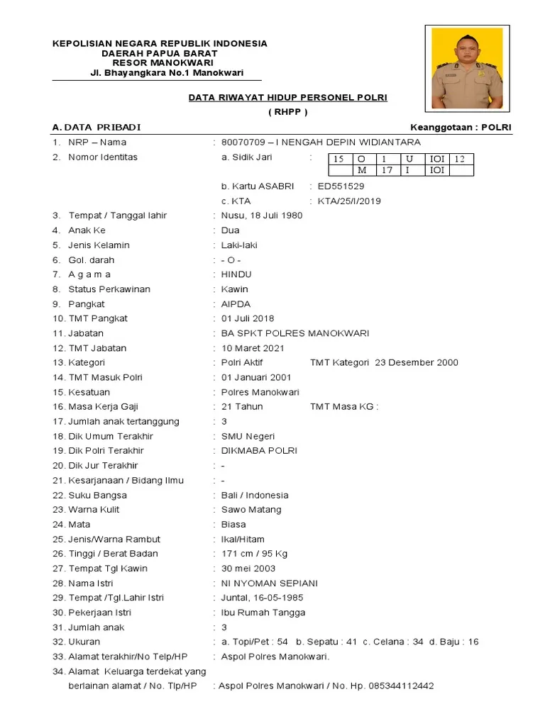 Contoh Surat Riwayat Hidup Polri / Instansi Resmi