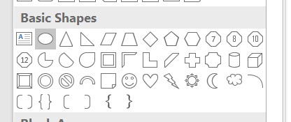 Pada tab Insert, lihat Shapes, lalu pilih Oval pada kotak Basic Shapes untuk memilih bentuk stempel pada umumnya untuk membuat stempel di word