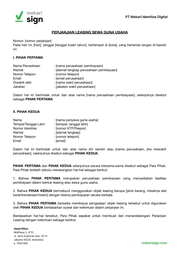 Contoh Perjanjian Leasing (Sewa Guna Usaha) - Mekari Sign