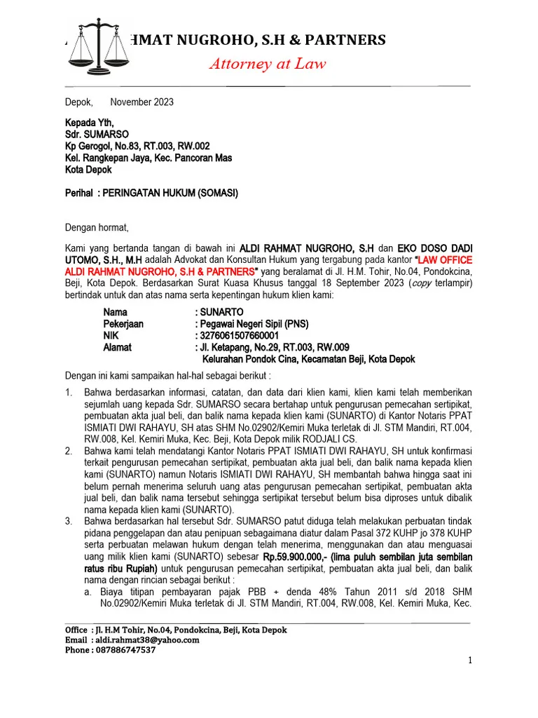 Contoh Surat Somasi Penipuan atau Penggelapan