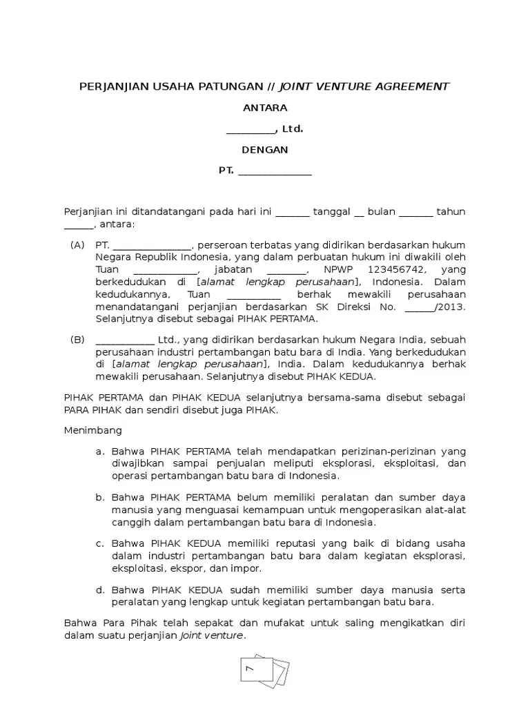 Perjanjian Joint Venture (Usaha Patungan)