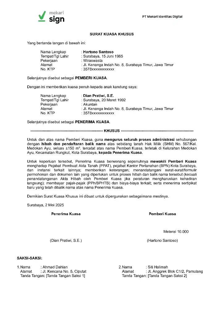 Surat Kuasa Tanah dari Orang Tua ke Anak 