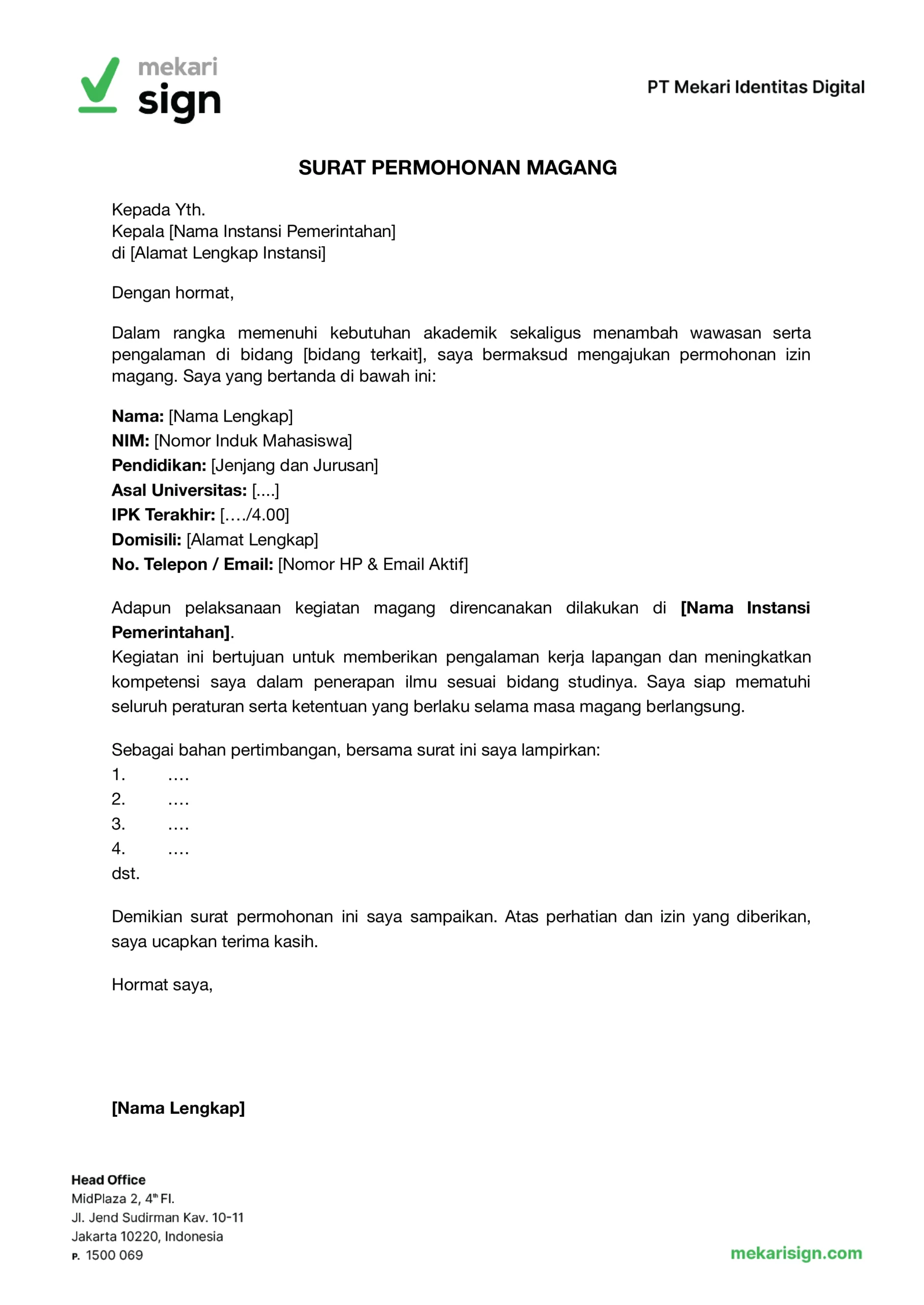contoh surat permohonan magang di instansi pemerintahan dari mekari