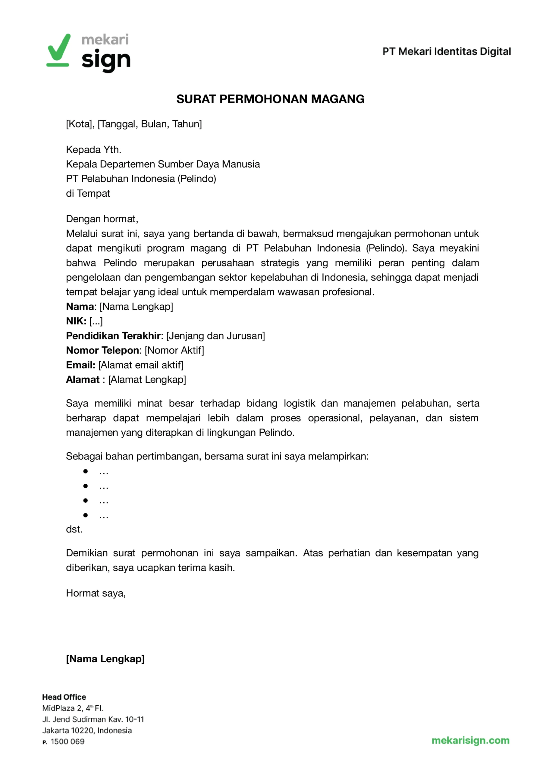 contoh surat permohonan magang di pelindo dari mekari sign