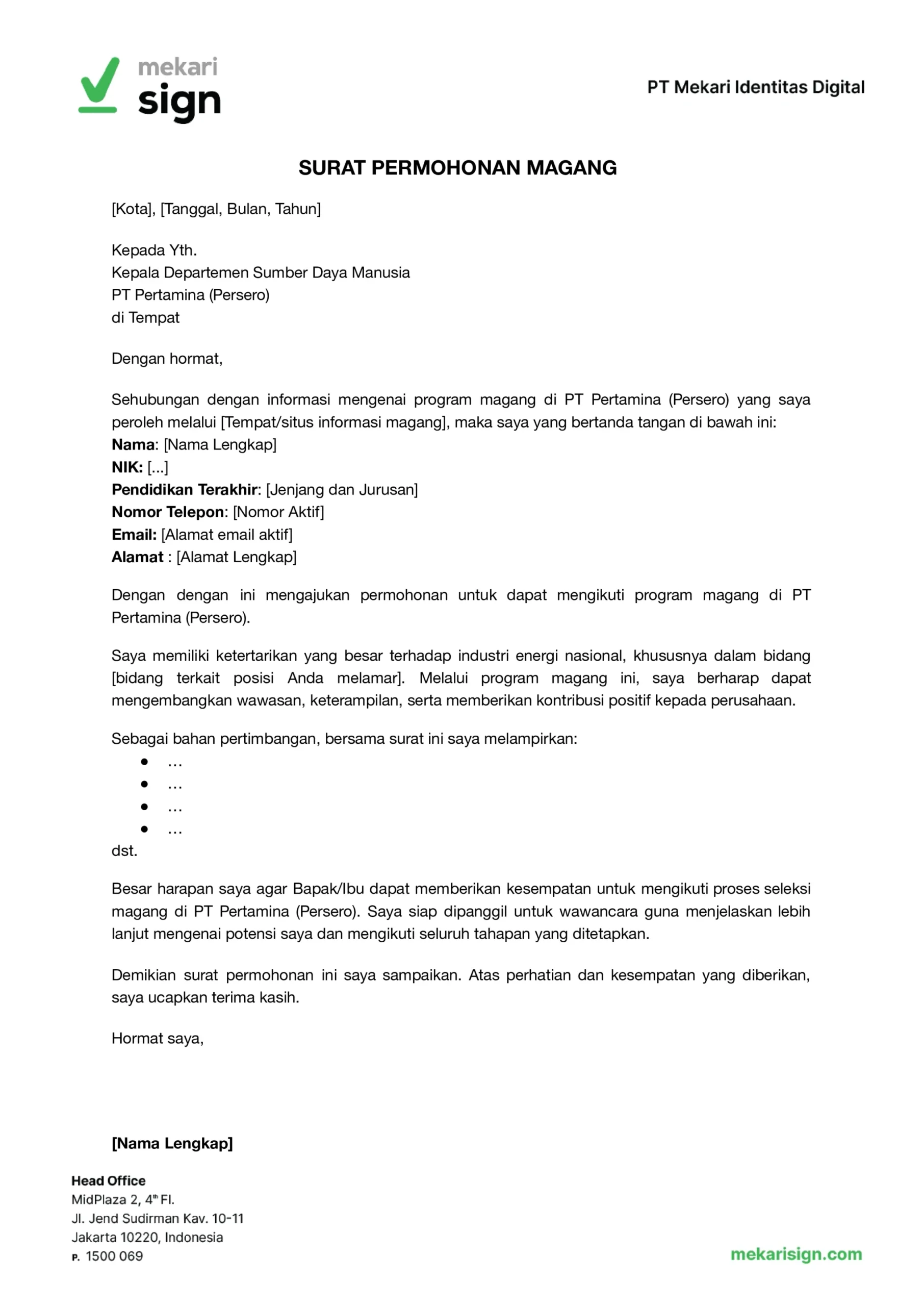 contoh surat permohonan magang di pertamina dari mekari sign