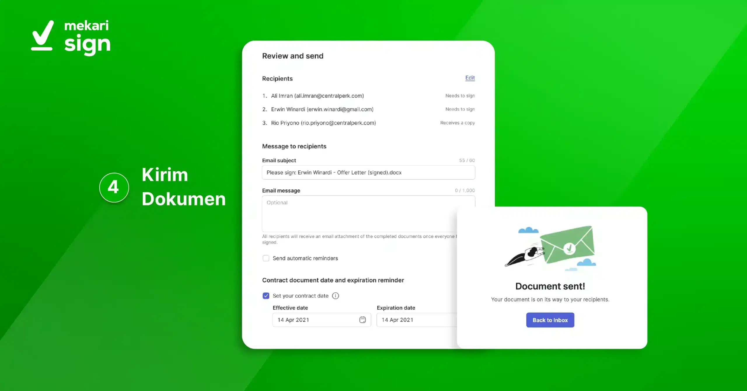 langkah keempat cara menggunakan meterai elektronik di Mekari Sign adalah dengan mengirimkan dokumen yang telah dibubuhi tanda tangan dan e-meterai