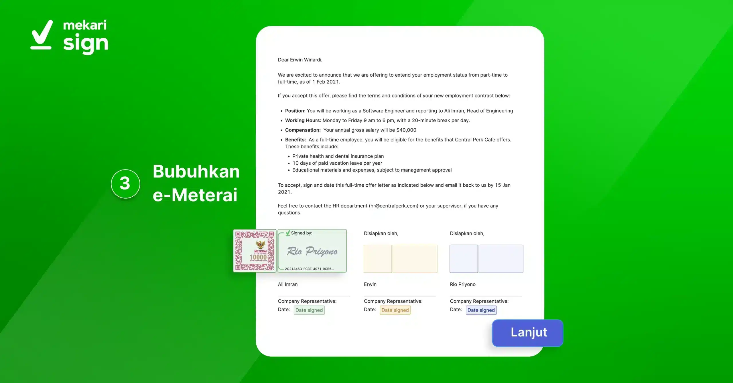 langkah ketiga cara menggunakan meterai elektronik di Mekari Sign adalah dengan membubuhkan e-Meterai di dokumen