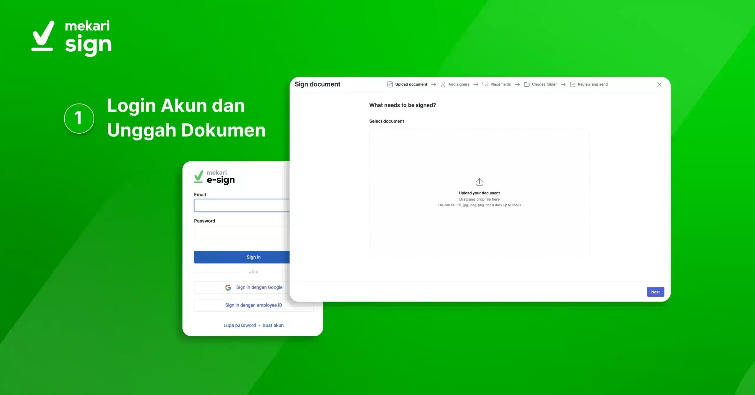 langkah pertama cara menggunakan e-meterai di Mekari Sign adalah dengan login akun dan unggah dokumen